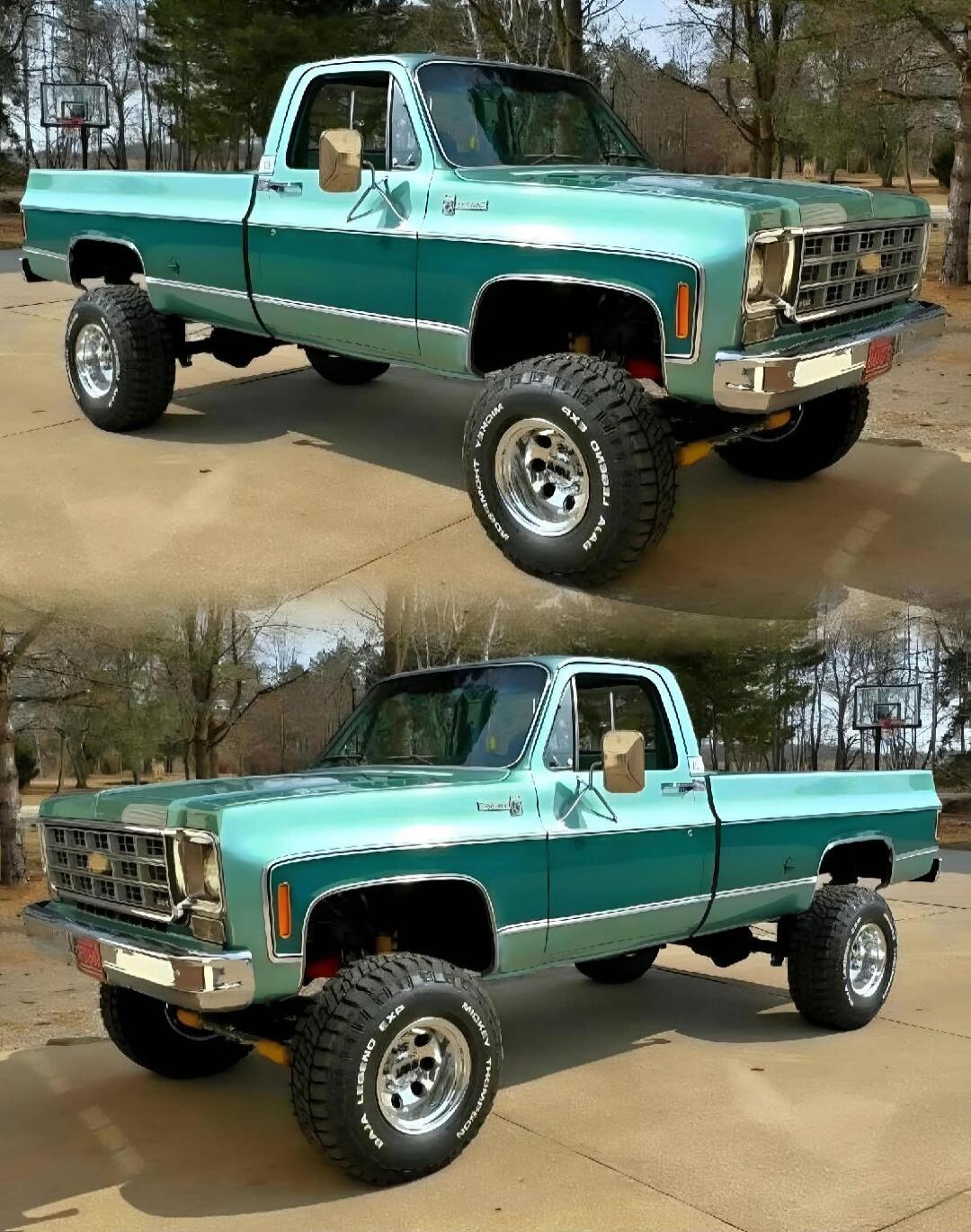 Vintage teal Chevrolet pickup truck (square-body) from the 1970s, shown in two angles.