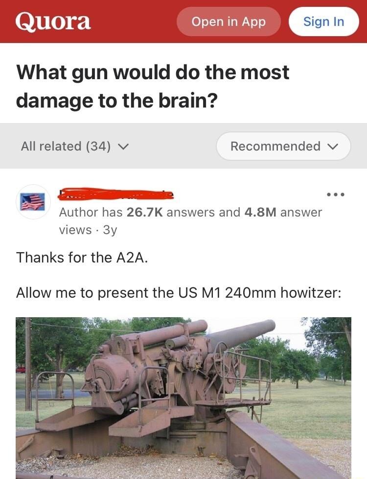 What gun would do the most damage to the brain All related 34 v Recommended v Author has 267K answers and 48M answer views 3y Thanks for the A2A Allow me to present the US M1 240mm howitzer