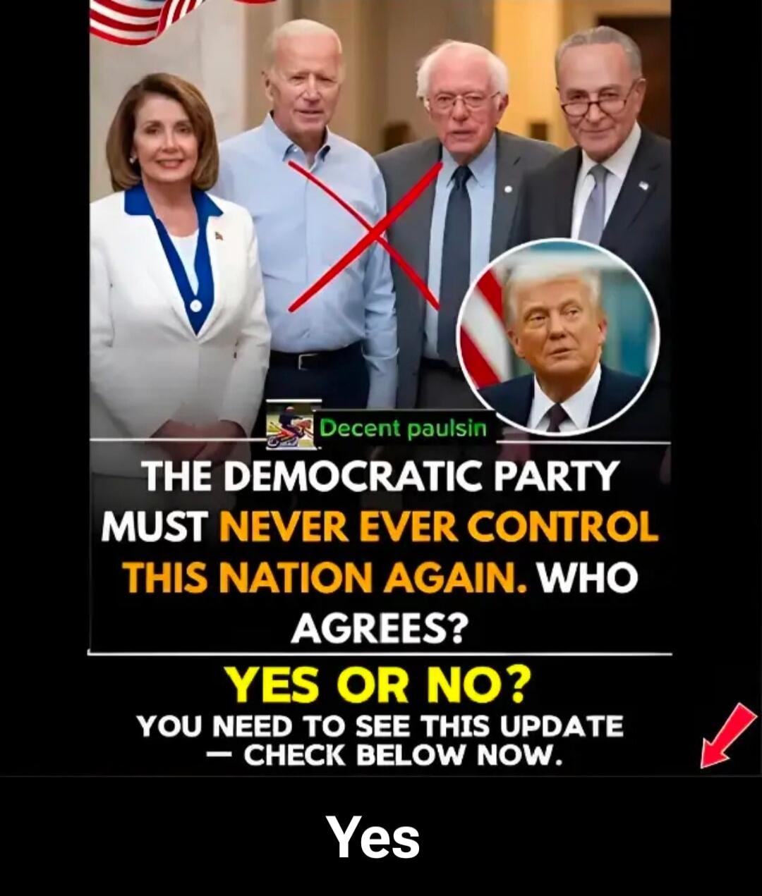 Decent paulsin THE DEMOCRATIC PARTY MUST NEVER EVER CONTROL THIS NATION AGAIN. WHO AGREES? YES OR NO? YOU NEED TO SEE THIS UPDATE - CHECK BELOW NOW. Yes