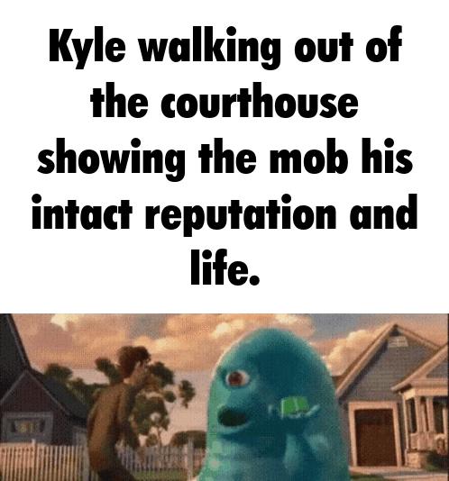 Kyle walking out of the courthouse showing the mob his intact reputation and life