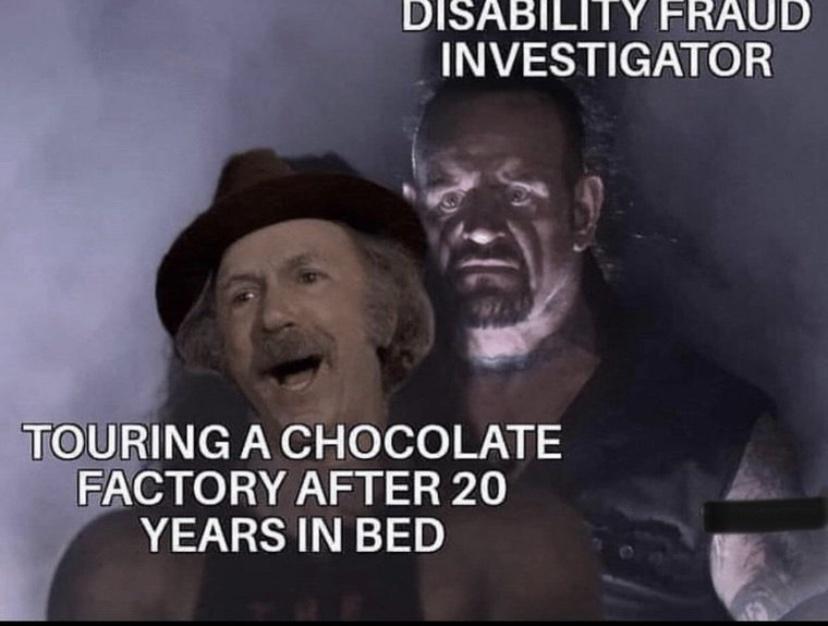 DISADBILITY FRAUD INVESTIGATOR W e TOURING A CHOCOLATE FACTORY AFTER 20 A YEARS IN BED t