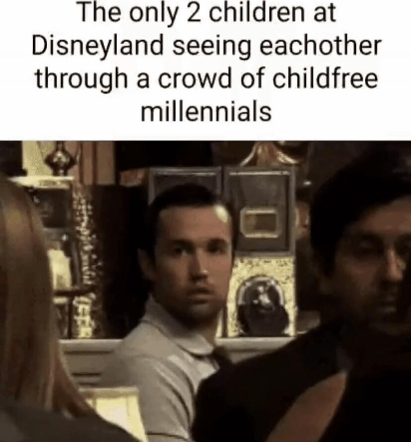 The only 2 children at Disneyland seeing eachother through a crowd of childfree millennials