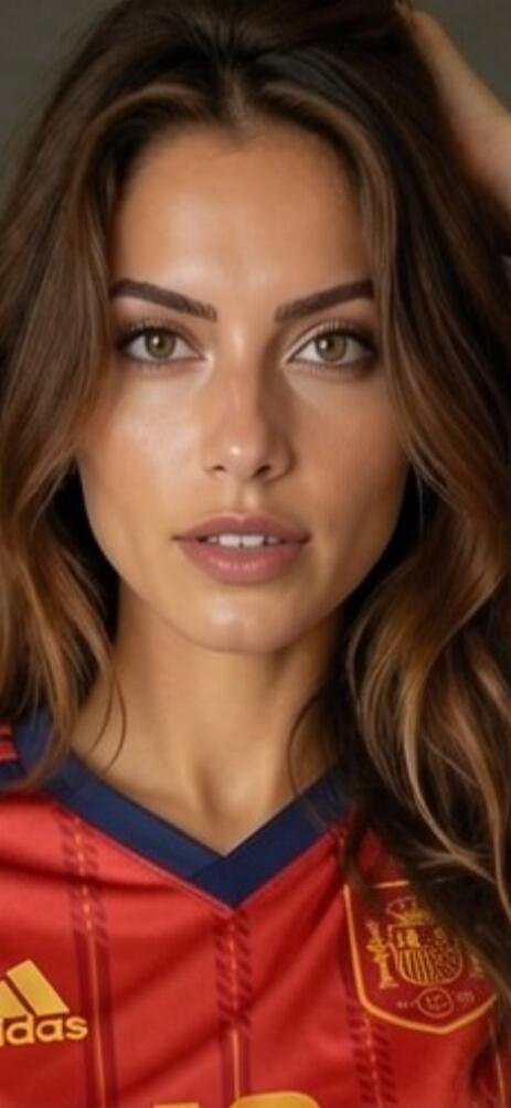 A beautiful woman with long brown hair and green eyes, wearing a red sports jersey.