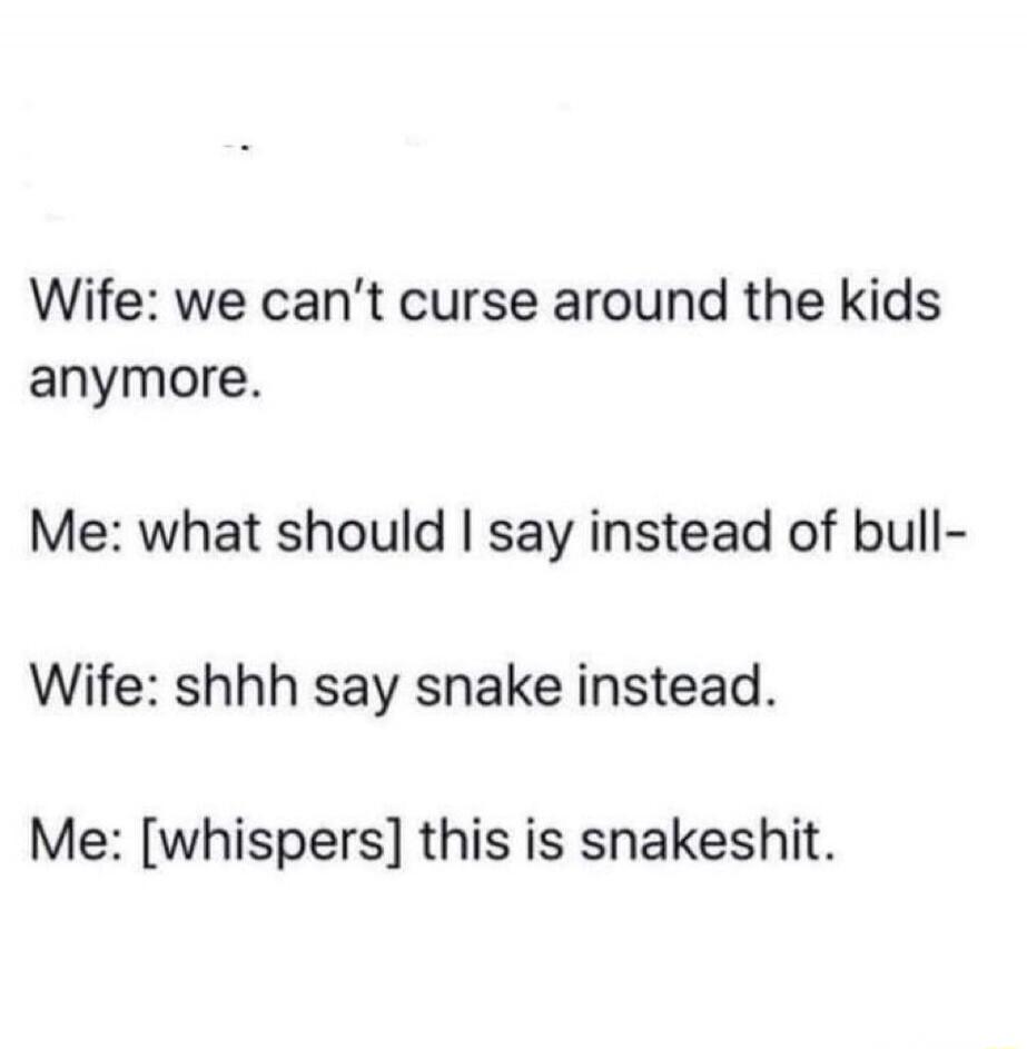 Wife: we can't curse around the kids anymore. Me: what should I say instead of bull- Wife: shhh say snake instead. Me: [whispers] this is snakeshit.