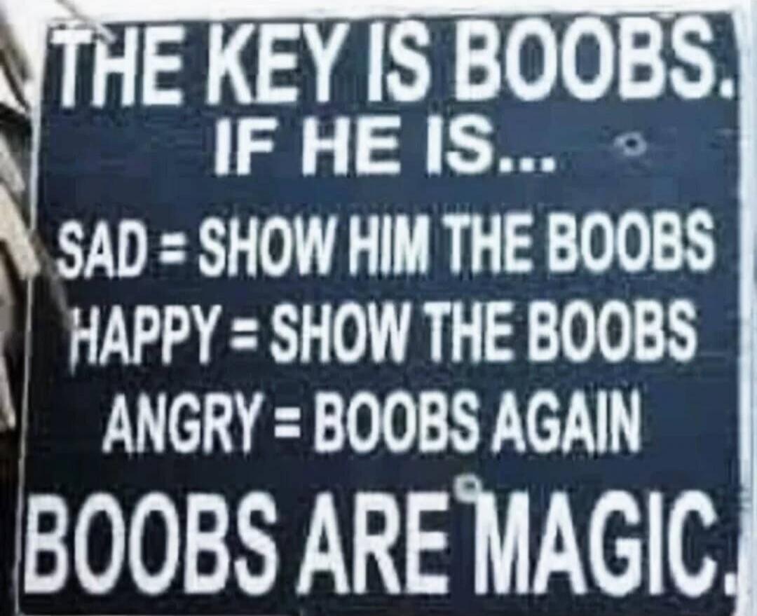 THE KEY IS BOOBS. IF HE IS... SAD = SHOW HIM THE BOOBS HAPPY = SHOW THE BOOBS ANGRY = BOOBS AGAIN BOOBS ARE MAGIC.
