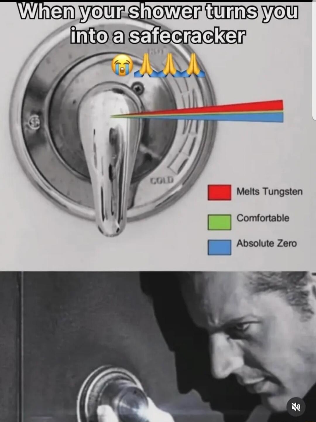 When your shower turns you into a safecracker
[Legend: Red = Melts Tungsten, Green = Comfortable, Blue = Absolute Zero]