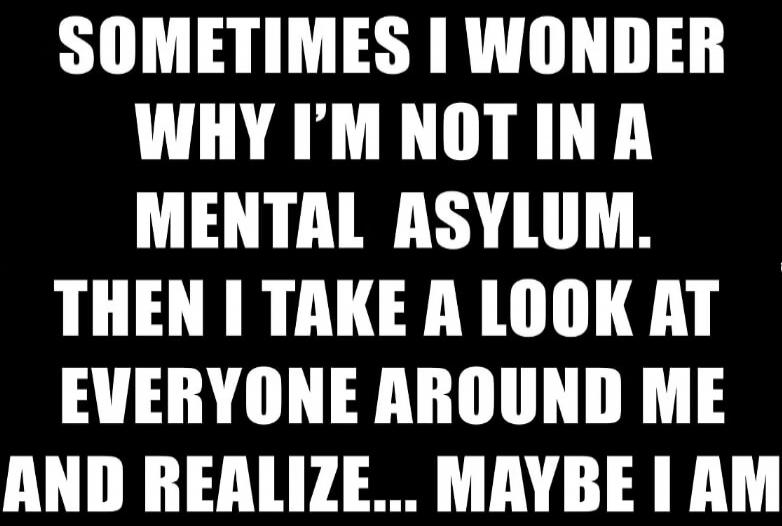 SOMETIMES I WONDER WHY I'M NOT IN A MENTAL ASYLUM. THEN I TAKE A LOOK AT EVERYONE AROUND ME AND REALIZE... MAYBE I AM
