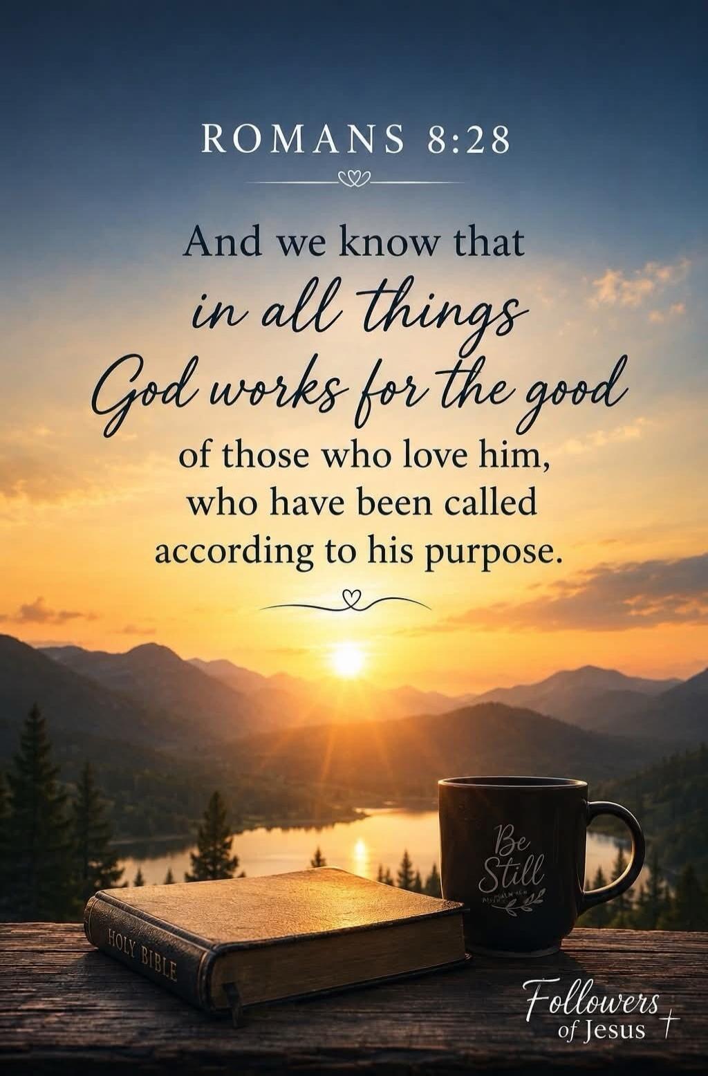 ROMANS 8:28 And we know that in all things God works for the good of those who love him, who have been called according to his purpose. HOLY BIBLE Be Still Followers of Jesus