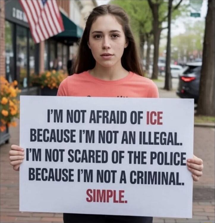 I'M NOT AFRAID OF ICE BECAUSE I'M NOT AN ILLEGAL. I'M NOT SCARED OF THE POLICE BECAUSE I'M NOT A CRIMINAL. SIMPLE.
