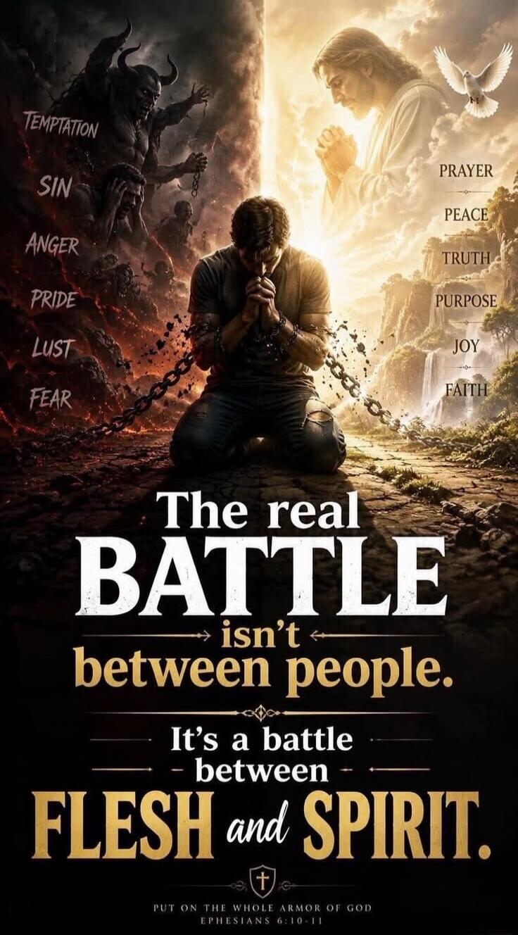 Temptation, Sin, Anger, Pride, Lust, Fear, Prayer, Peace, Truth, Purpose, Joy, Faith. The real BATTLE isn't between people. It's a battle between FLESH and SPIRIT. PUT ON THE WHOLE ARMOR OF GOD EPHESIANS 6:10-11
