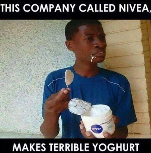 This company called Nivea, makes terrible yoghurt. A man is eating Nivea cream, mistaking it for yogurt, and looks disgusted.