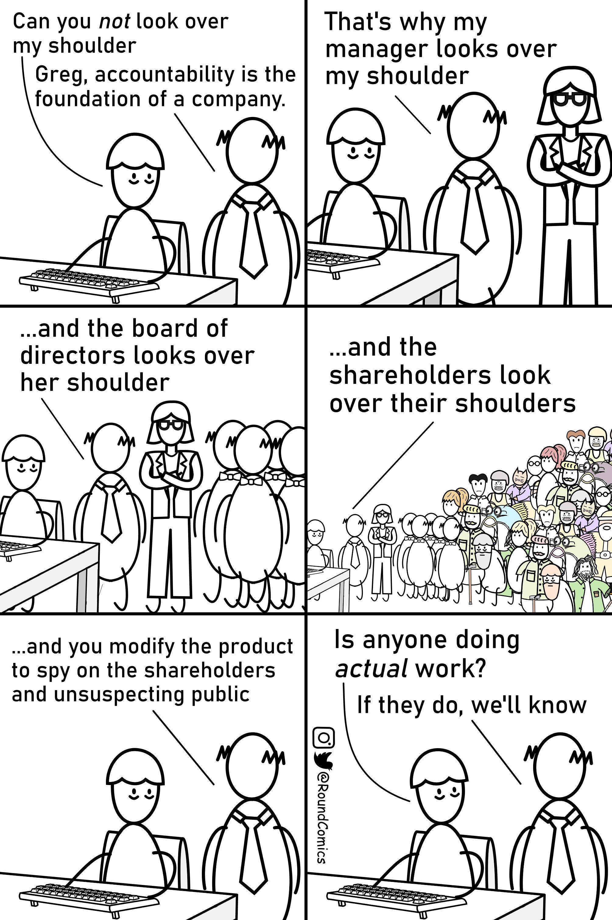 Can you not look over Thats why my my shoulder manager looks over Greg accountability is the my shoulder foundation of a company 0 and the board of directors looks over and the her shoulder shareholders look over their shoulders A0 T A eC kp THE Gt S and you modify the product IS anyone doing to spy on the shareholders actual work and unsuspecting public If they do well know