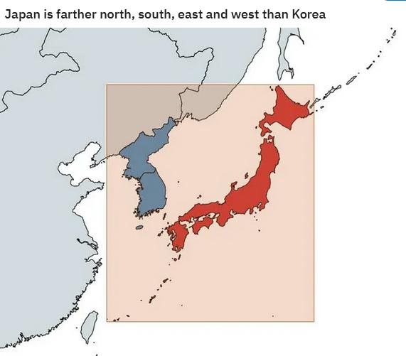 Japan s farther north south east and west than Korea