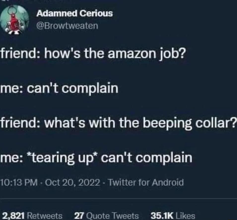 Adamned Cerious Browtweaten friend hows the amazon job me cant complain friend whats with the beeping collar 1 CH CET AT s a1 R delelyyT ol 113 1013 PM Oct 20 2022 Twitter for Android 2 821 Retweets 27 Quote Tweets 351K Likes