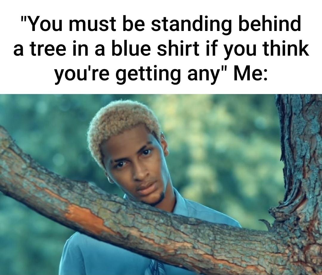 You must be standing behind a tree in a blue shirt if you think youre getting any Me