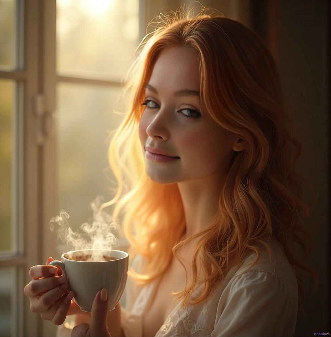 A woman with red hair holding a steaming cup near a window.