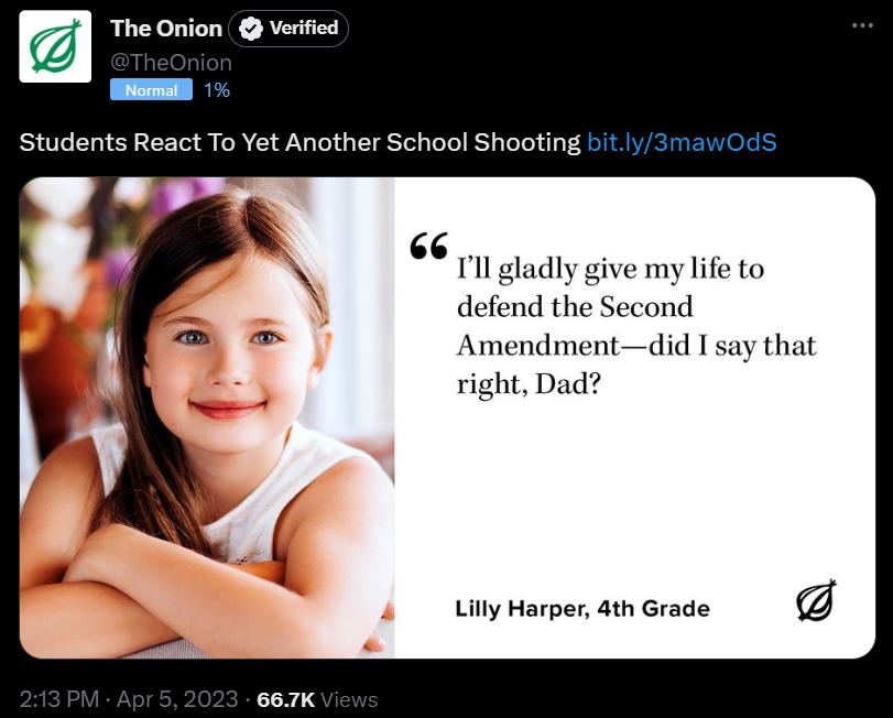 The Onion Verified Students React To Yet Another School Shooting Il gladly give my life to defend the Second Aj ndmentdid I say that right Dad Uiy Harper ath Grade 4
