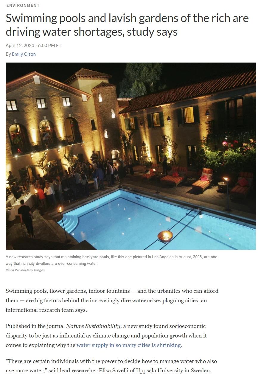 Swimming pools and lavish gardens of the rich are driving water shortages study says