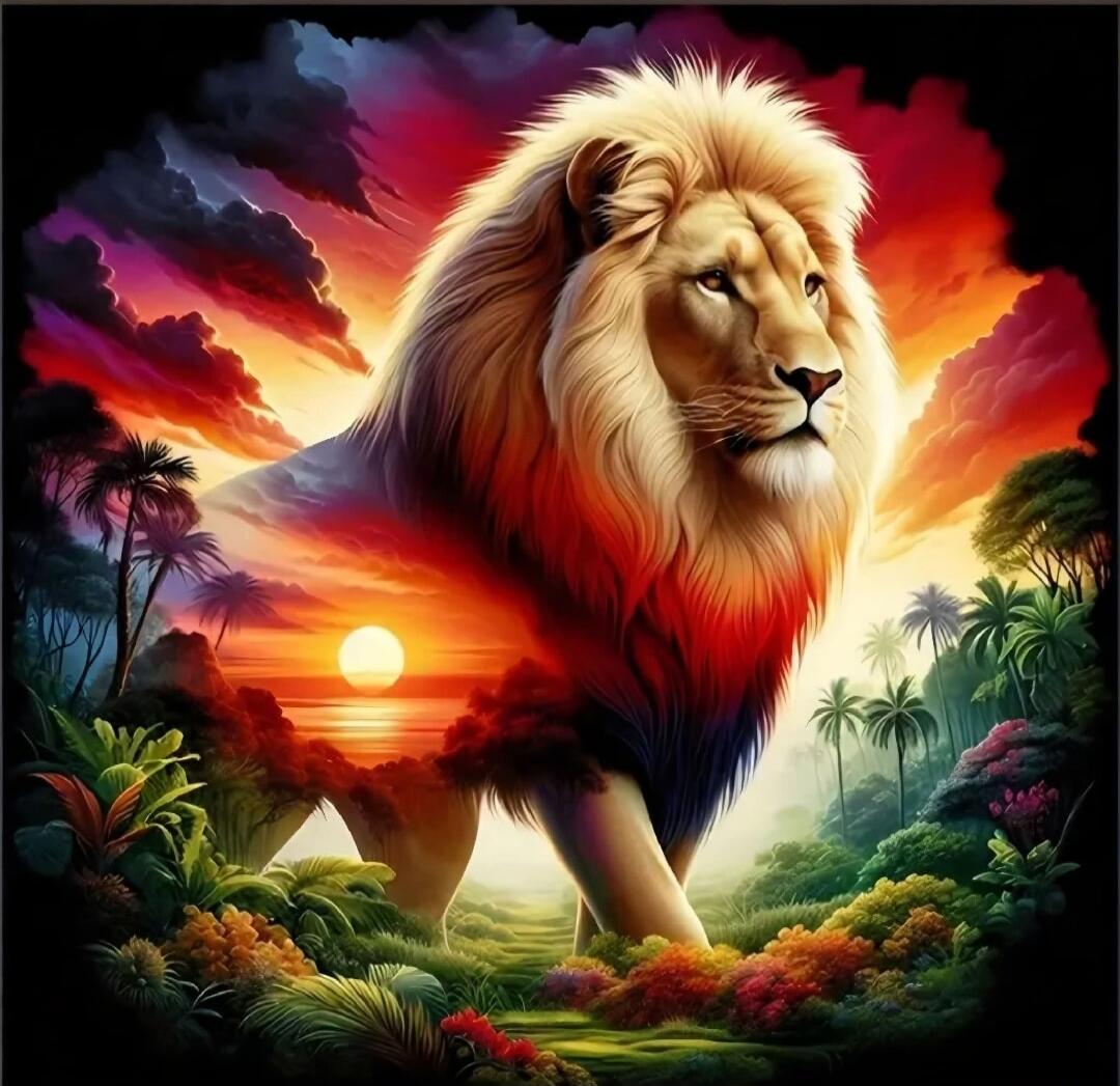 A stylized fantasy painting of a lion in a colorful sunset jungle.