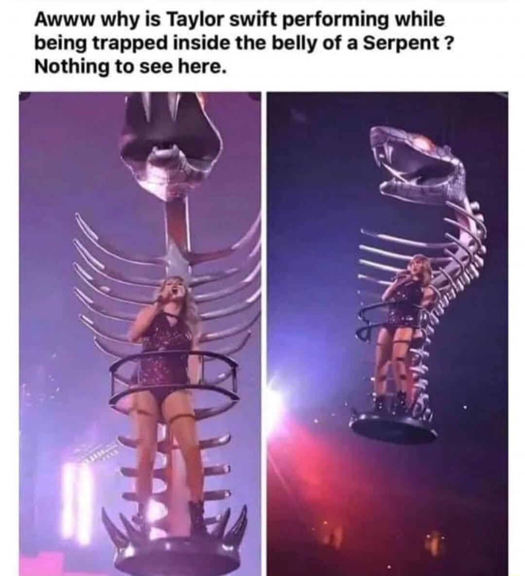 Awww why is Taylor swift performing while being trapped inside the belly of a Serpent Nothing to see here