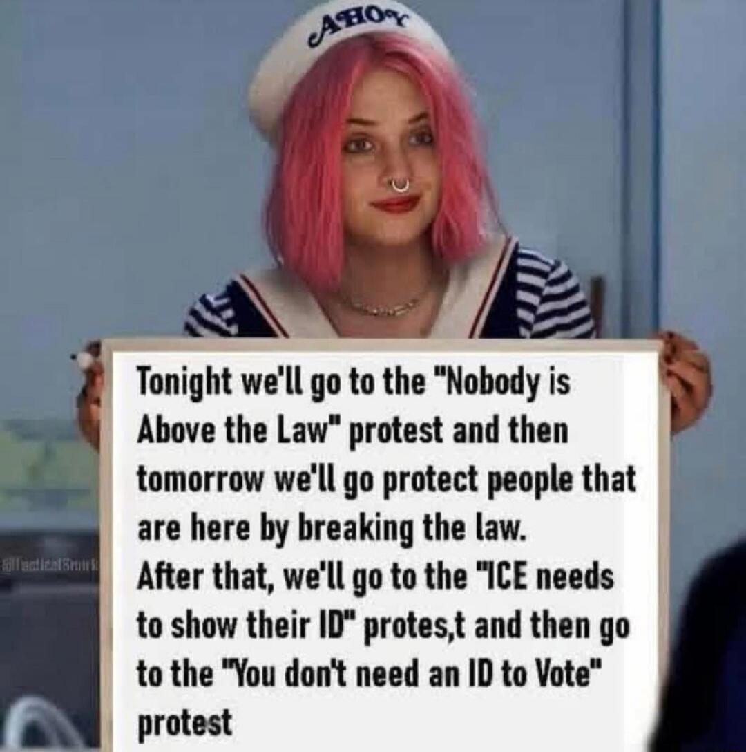 Tonight we'll go to the 'Nobody is Above the Law' protest and then tomorrow we'll go protect people that are here by breaking the law. After that, we'll go to the 'ICE needs to show their ID' protest, and then go to the 'You don't need an ID to Vote' protest