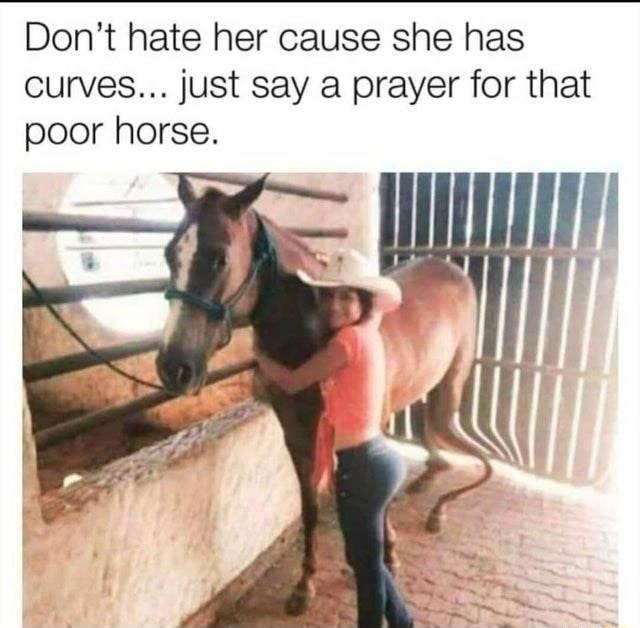 Dont hate her cause she has curves just say a prayer for that poor horse