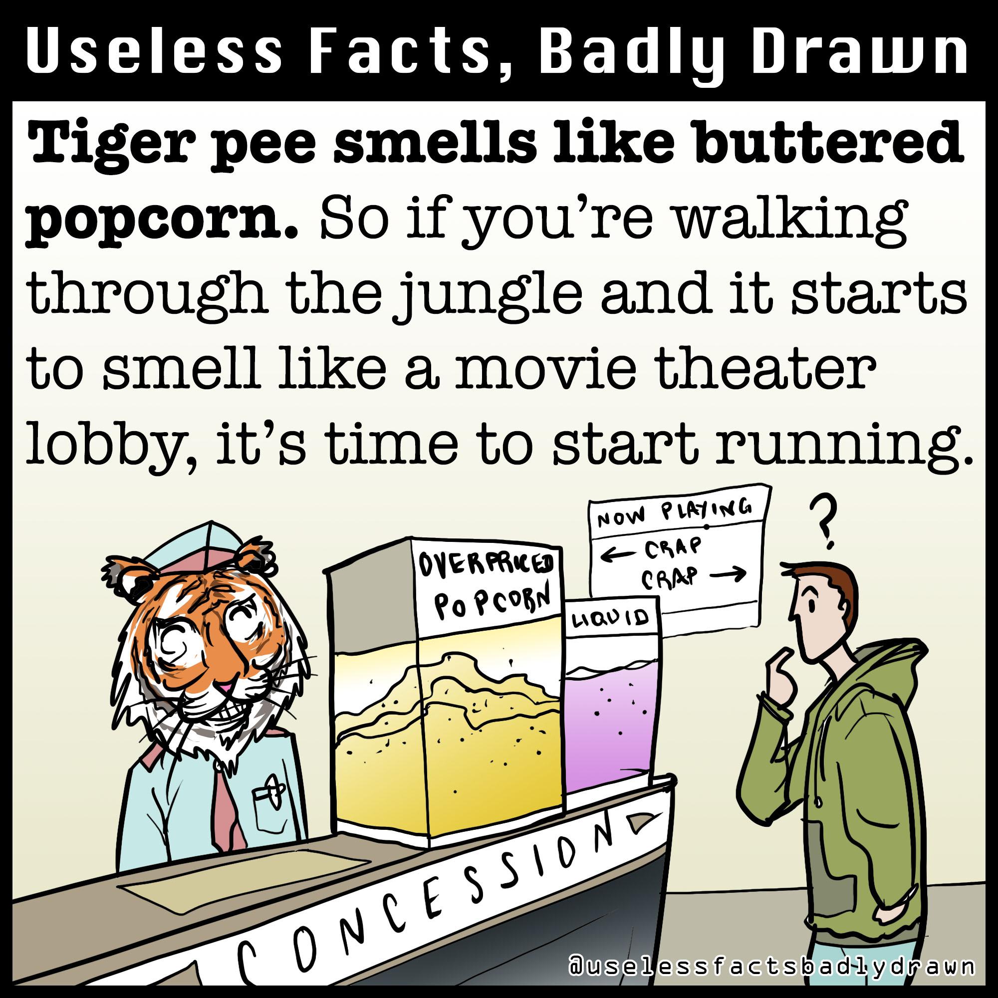 UELIER N T L TR 11T Tiger pee smells like buttered popcorn So if youre walking through the jungle and it starts to smell like a movie theater lobby its time to start running B ETiGE o