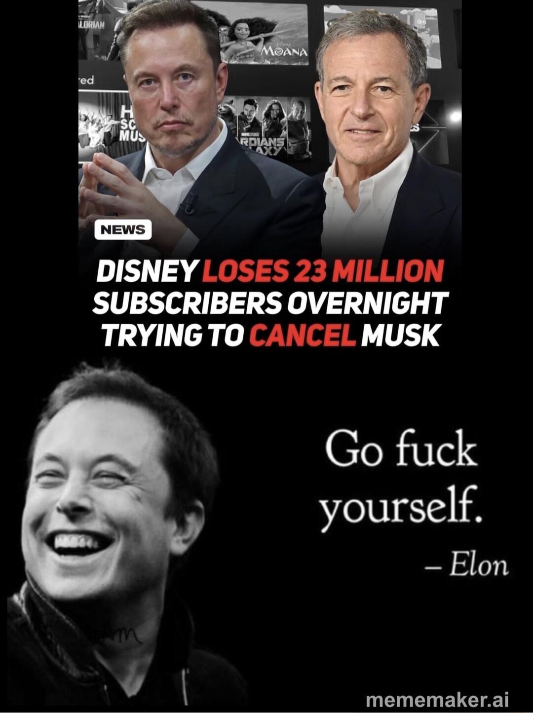 DISNEY LOSES 23 MILLION SUBSCRIBERS OVERNIGHT TRYING TO CANCEL MUSK Go fuck yourself Elon L ENELC