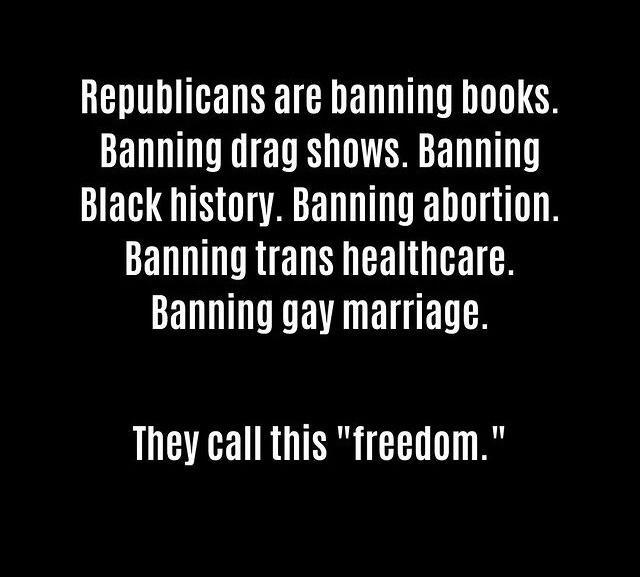 Republicans are banning books Banning drag shows Banning Black history Banning abortion Banning trans healthcare Banning gay marriage They call this freedom