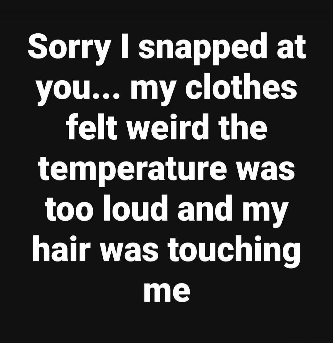 Sorry I snapped at you... my clothes felt weird the temperature was too loud and my hair was touching me
