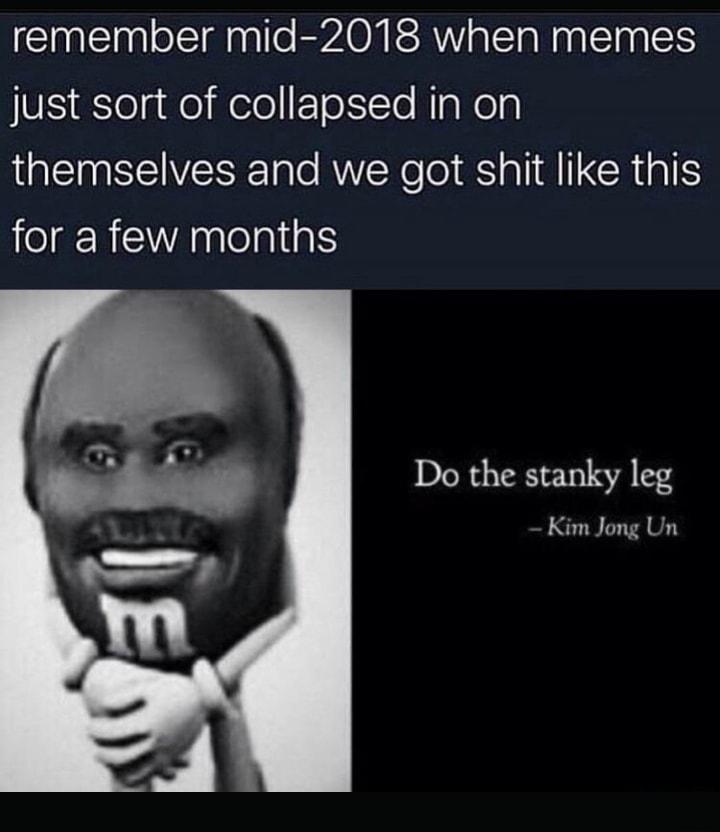remember mid 2018 when memes IV SlelgdoleleF To1To NigNola themselves and we got shit like this for a few months Do the stanky leg Kim Jong Un