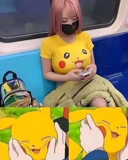 A girl with pink hair wearing a Pikachu t-shirt sits on a train, looking at her phone. Below are three Pikachu meme panels showing various laughing/crying expressions.