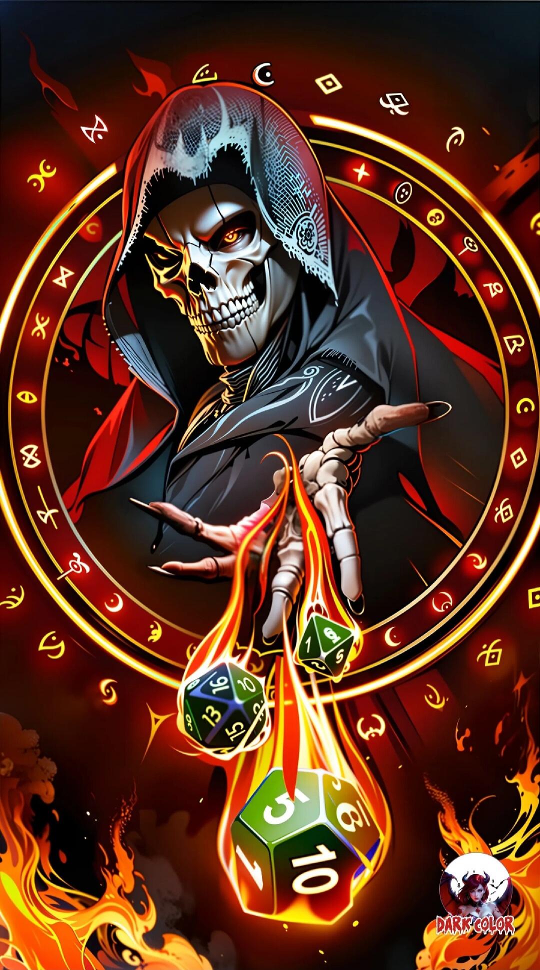 A skeletal figure in a dark hooded robe with glowing red eyes, surrounded by a golden magical circle. Its skeletal hand extends, with multi-sided dice (d20, d10, d8) floating in flames. Numbers visible on dice include 1, 5, 8, 10, 13, 15, 16, 20. A 'DARKCOLOR' logo with a devil-girl character is in the bottom right.