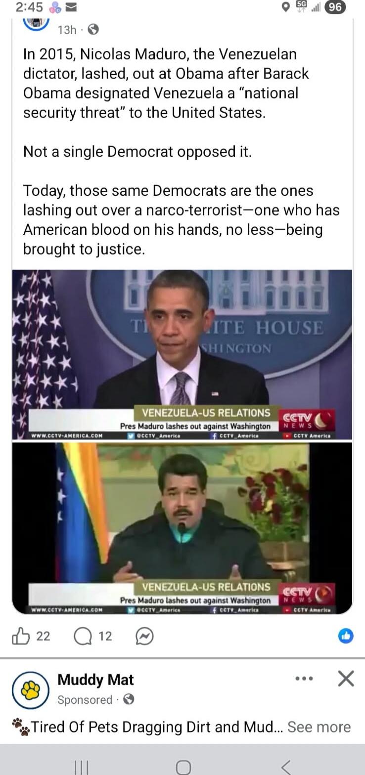 In 2015, Nicolas Maduro, the Venezuelan dictator, lashed, out at Obama after Barack Obama designated Venezuela a “national security threat” to the United States. Not a single Democrat opposed it. Today, those same Democrats are the ones lashing out over a narco-terrorist—one who has American blood on his hands, no less—being brought to justice.

[I