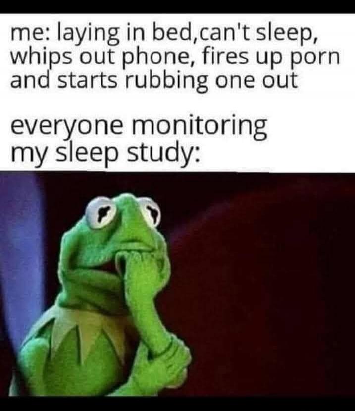 me: laying in bed, can't sleep, whips out phone, fires up porn and starts rubbing one out
everyone monitoring my sleep study: