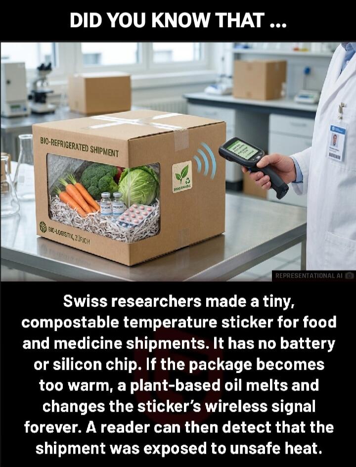 DID YOU KNOW THAT ... BIO-REFRIGERATED SHIPMENT BIO-LOGISTIX, ZURICH BIODEGRADABLE REPRESENTATIONAL AI Swiss researchers made a tiny, compostable temperature sticker for food and medicine shipments. It has no battery or silicon chip. If the package becomes too warm, a plant-based oil melts and changes the sticker's wireless signal forever. A reader