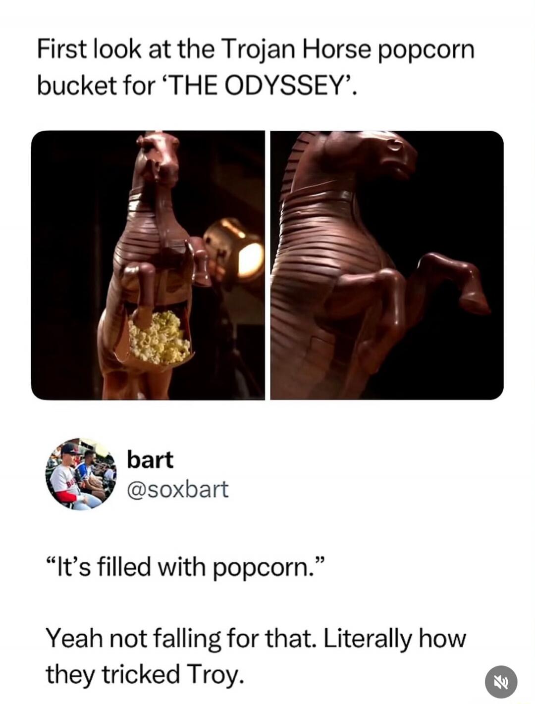 First look at the Trojan Horse popcorn bucket for 'THE ODYSSEY'. bart @soxbart 