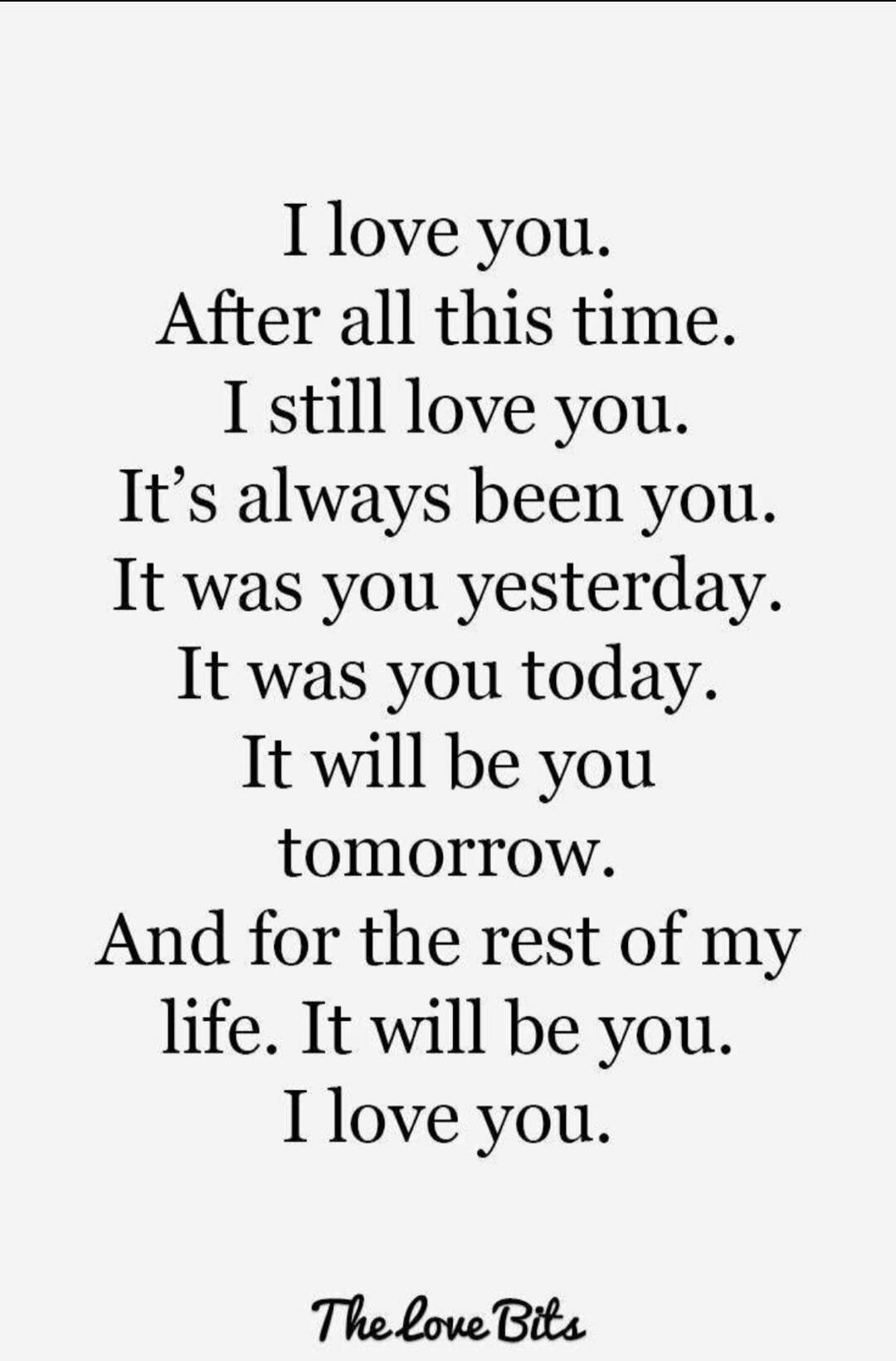 I love you. After all this time. I still love you. It's always been you. It was you yesterday. It was you today. It will be you tomorrow. And for the rest of my life. It will be you. I love you.