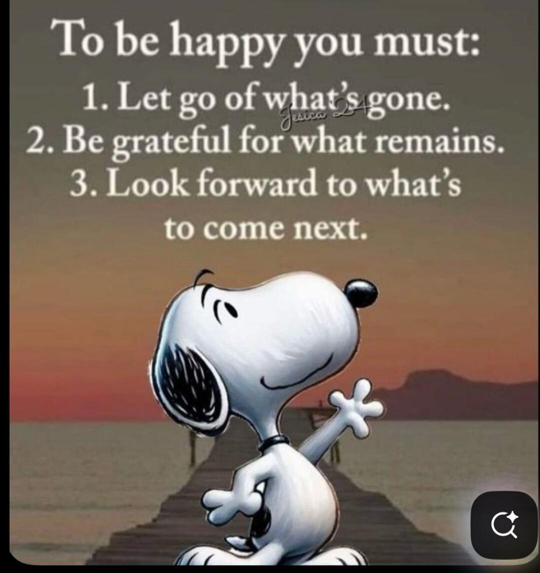 To be happy you must: 1. Let go of what's gone. 2. Be grateful for what remains. 3. Look forward to what's to come next.