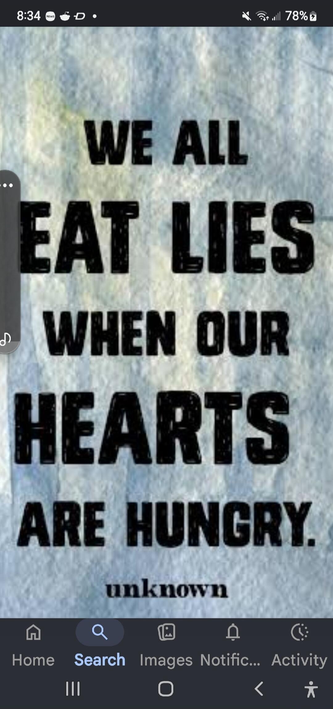 WE ALL EAT LIES WHEN OUR HEARTS ARE HUNGRY. unknown