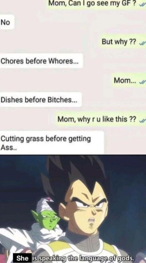 Mom Can go see my GF 7 _ Butwhy 77 Chores before Whores Mom Dishes before Bitches Mom why r u like this 77 Cutting grass before getting Ass