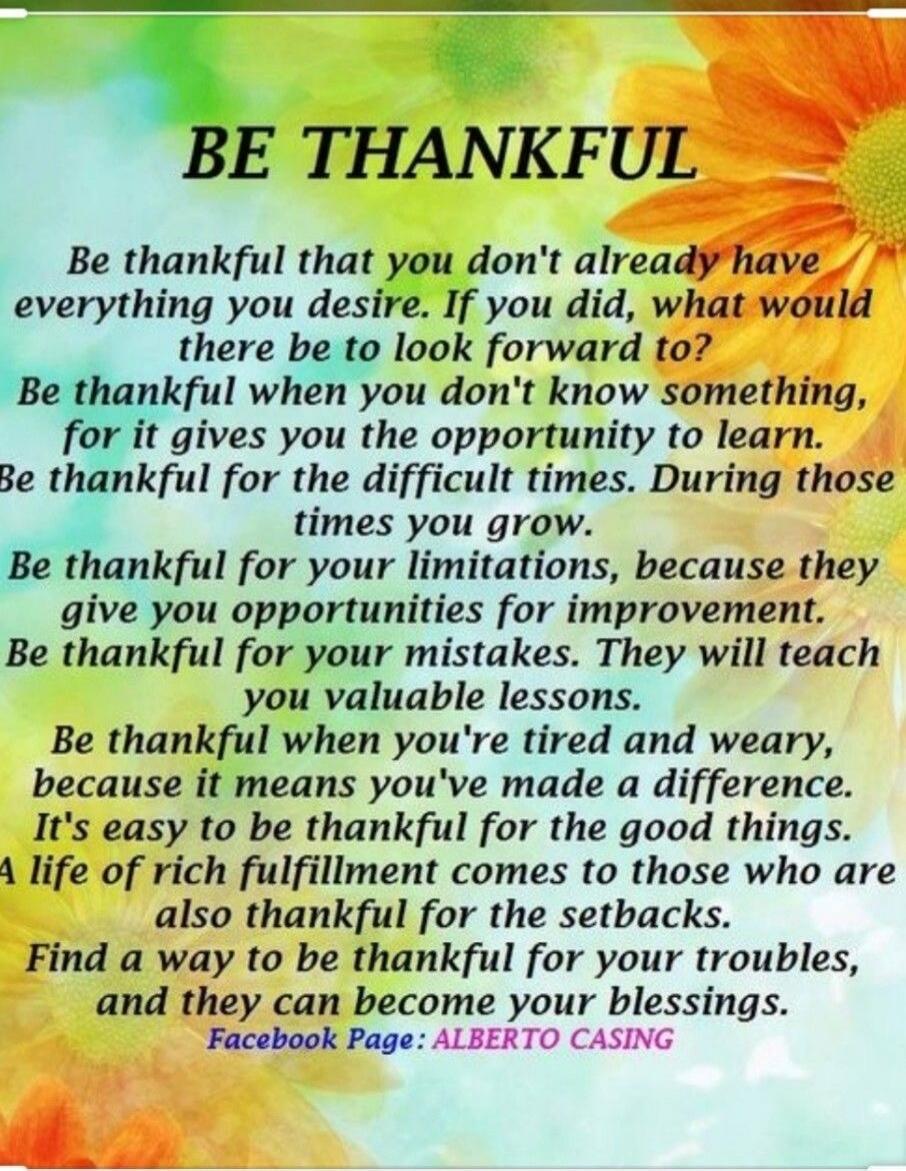 BE THANKFUL
Be thankful that you don't already have everything you desire. If you did, what would there be to look forward to?
Be thankful when you don't know something, for it gives you the opportunity to learn.
Be thankful for the difficult times. During those times you grow.
Be thankful for your limitations, because they give you opportunities f