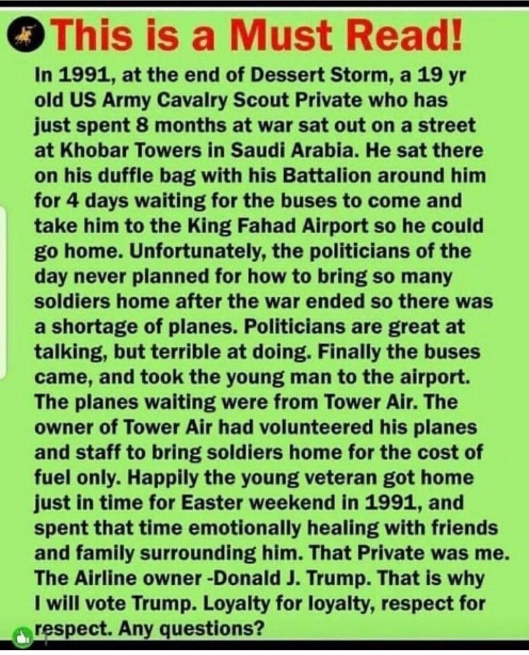 O This is a Must Read In 1991 at the end of Dessert Storm a 19 yr old US Army Cavalry Scout Private who has just spent 8 months at war sat out on a street at Khobar Towers in Saudi Arabia He sat there on his duffle bag with his Battalion around him for 4 days waiting for the buses to come and take him to the King Fahad Airport so he could go home Unfortunately the politicians of the day never plan