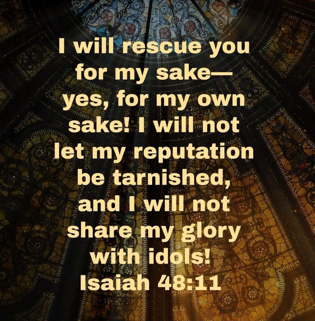 I will rescue you for my sake—yes, for my own sake! I will not let my reputation be tarnished, and I will not share my glory with idols! Isaiah 48:11