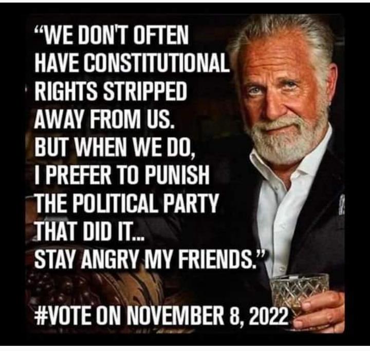 e 3 HAVE CONSTITUTIONAL S5 RIGHTSSTRIPPED Beat AWAY FROM US J BUTWHENWEDD IPREFERTOPUNISH THE POLITICAL PARTY THAT DIDIT STAY ANGRY MY FRIENDS i VOTE ON NOVEMBER 8 2022