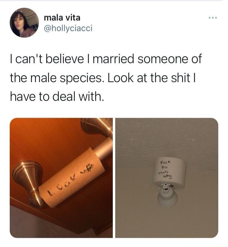 I can't believe I married someone of the male species. Look at the shit I have to deal with. Look up. Fuck you. Thats why.