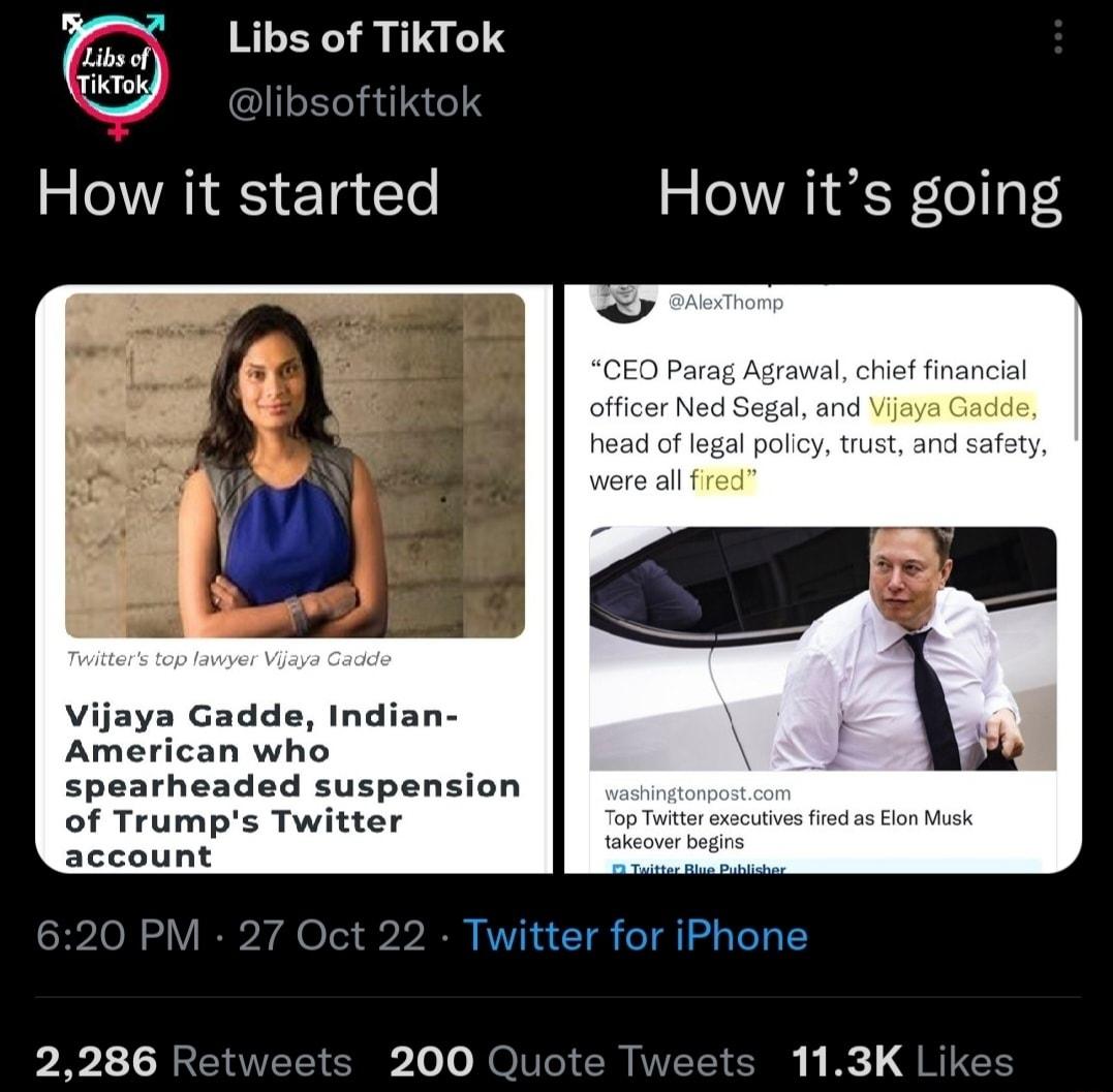 Libs of TikTok a nmy libsof How it started How its going Vijaya Gadde Indian American who spearheaded suspension of Trumps Twitter account et Twitter for iPhone 2286 Retweets 200 Quo 113K