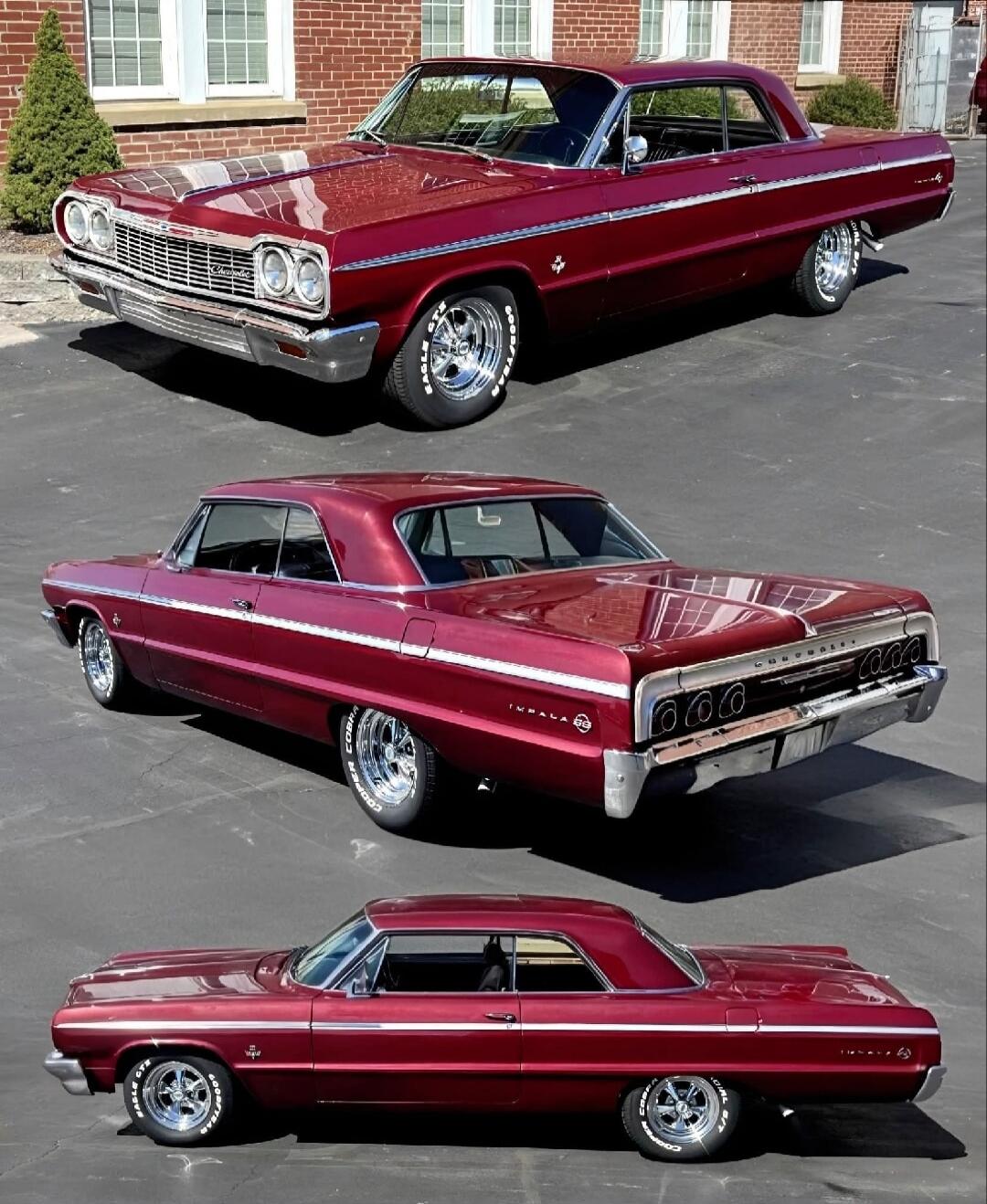 Three views of a maroon classic car: a 1960s Chevrolet Impala with chrome wheels.