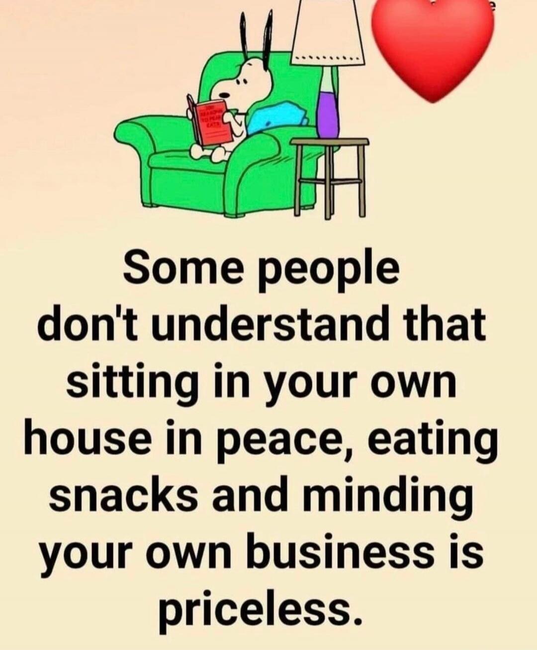 Some people don't understand that sitting in your own house in peace, eating snacks and minding your own business is priceless.
