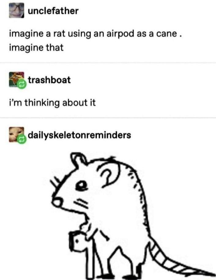 unclefather imagine a rat using an airpod as a cane imagine that traahbol im thinking about it dailyskaletonreminders